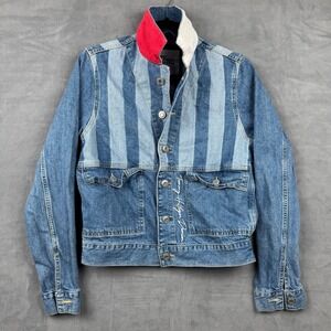 Tommy Hilfiger Denim Jacket XS Blue Striped Distressed Cotton‎ Classic